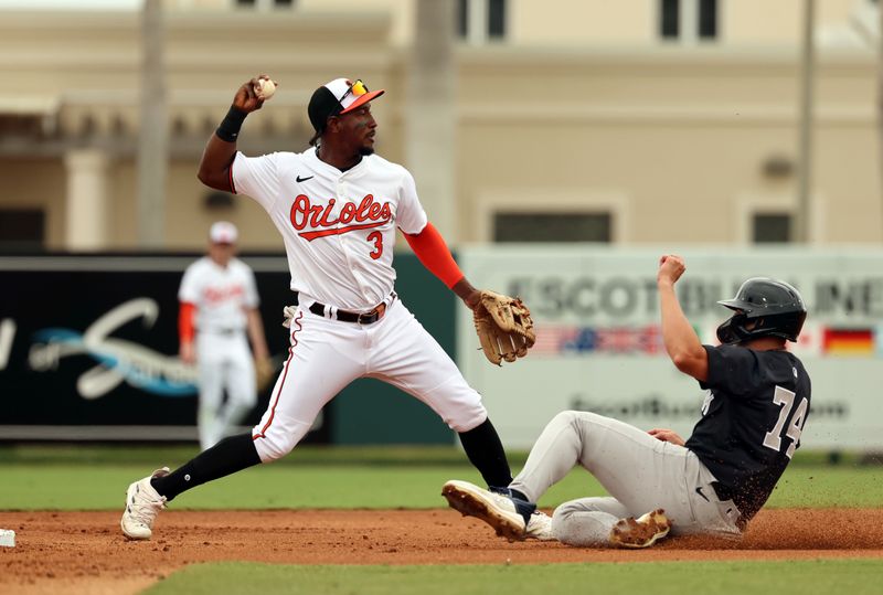 Mar 2, 2024; Sarasota, Florida, USA;  Baltimore Orioles shortstop Jorge Mateo (3) forces out New York Yankees infielder Kevin Smith (74) and throws the ball to first base for a double play during the second inning at Ed Smith Stadium. Mandatory Credit: Kim Klement Neitzel-USA TODAY Sports