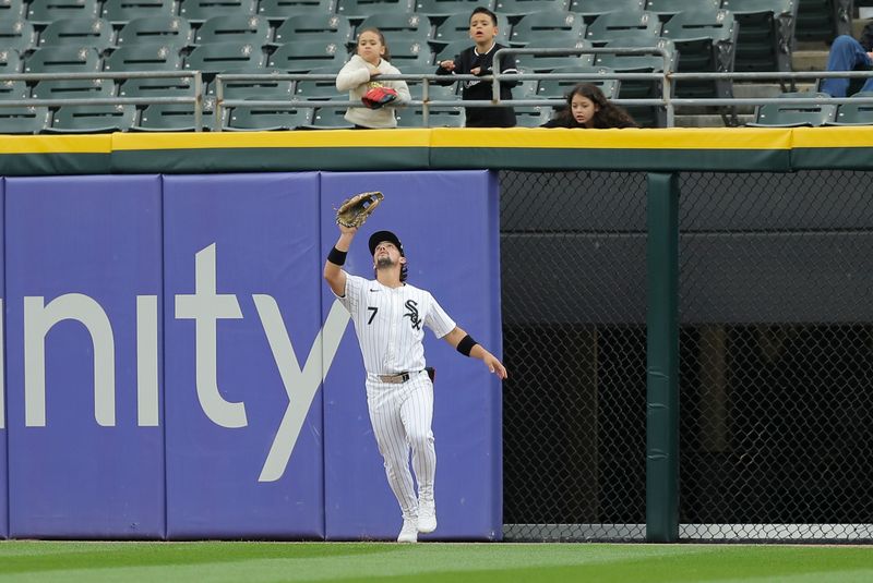 Apr 17, 2024; Chicago, Illinois, USA; Chicago White Sox outfielder Dominic Fletcher (7) catches the ball for an out in the sixth inning during game one of a double header at Guaranteed Rate Field. Mandatory Credit: Melissa Tamez-USA TODAY Sports