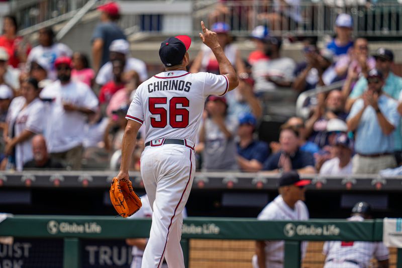 Aug 2, 2023; Cumberland, Georgia, USA; Atlanta Braves starting pitcher Yonny Chirinos (56) reacts as he leaves the field after being removed from the game against the Los Angeles Angels during the sixth inning at Truist Park. Mandatory Credit: Dale Zanine-USA TODAY Sports