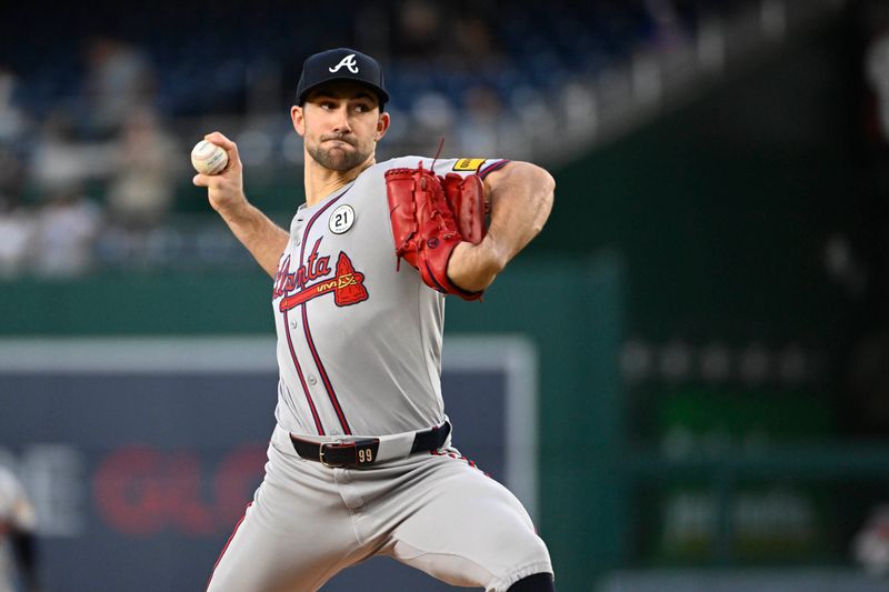 Sep 15, 2025; Washington, District of Columbia, USA; Atlanta Braves starting pitcher Spencer Strider (99) throws to the Washington Nationals during the first inning at Nationals Park. Mandatory Credit: Brad Mills-Imagn Images