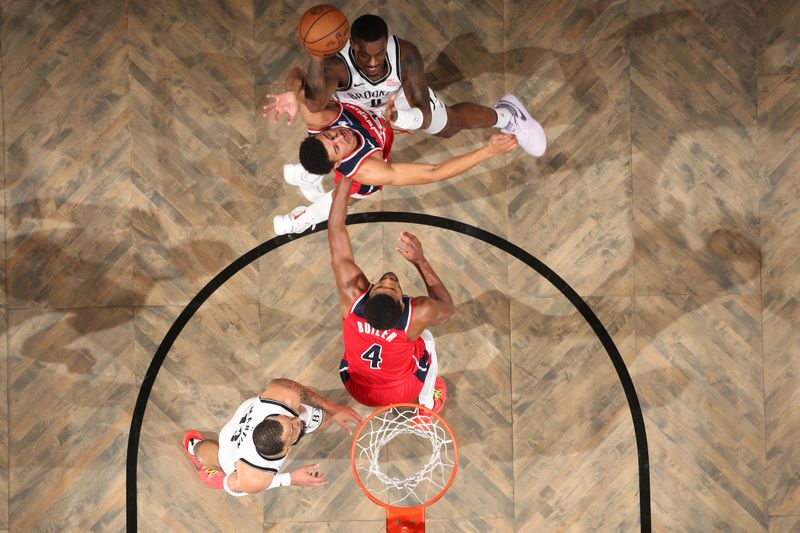 BROOKLYN, NY - OCTOBER 14: Dariq Whitehead #0 of the Brooklyn Nets shoots the ball during the game against the Washington Wizards during a NBA preseason game on October 14, 2024 at Barclays Center in Brooklyn, New York. NOTE TO USER: User expressly acknowledges and agrees that, by downloading and or using this Photograph, user is consenting to the terms and conditions of the Getty Images License Agreement. Mandatory Copyright Notice: Copyright 2024 NBAE (Photo by Nathaniel S. Butler/NBAE via Getty Images)