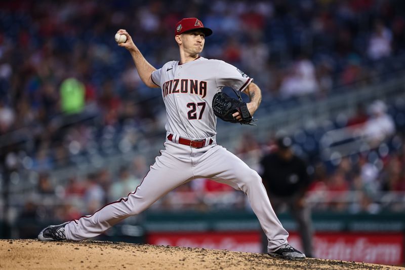 Jun 7, 2023; Washington, District of Columbia, USA; Arizona Diamondbacks starting pitcher Zach Davies (27) pitches against the Washington Nationals during the fifth inning at Nationals Park. Mandatory Credit: Scott Taetsch-USA TODAY Sports