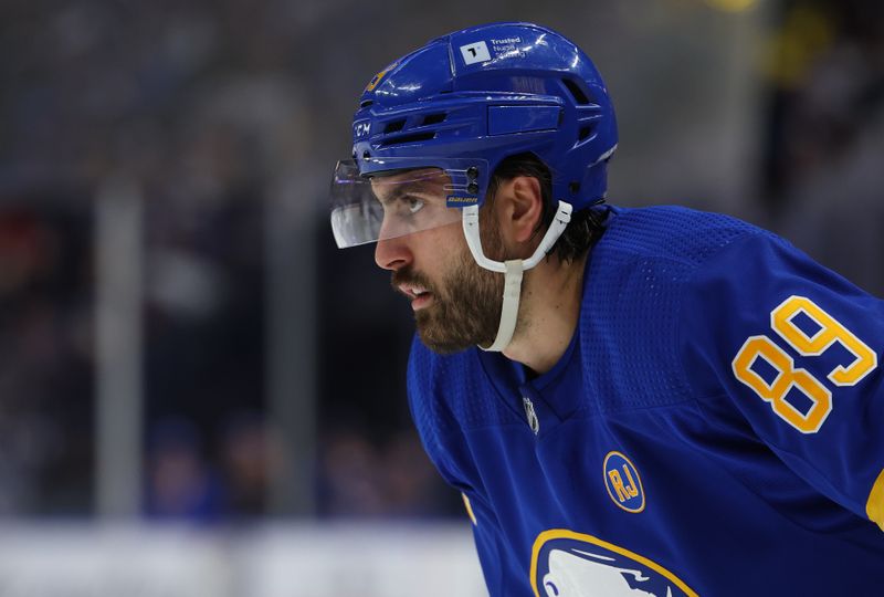 Dec 21, 2023; Buffalo, New York, USA;  Buffalo Sabres right wing Alex Tuch (89) waits for the face-off during the second period against the Toronto Maple Leafs at KeyBank Center. Mandatory Credit: Timothy T. Ludwig-USA TODAY Sports