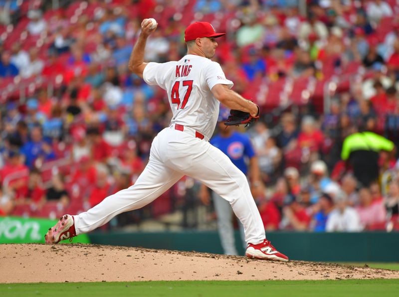 Jun 25, 2025; St. Louis, Missouri, USA; St. Louis Cardinals pitcher John King (47) throws in relief in the sixth inning against the Chicago Cubs at Busch Stadium. Mandatory Credit: Tim Vizer-Imagn Images 