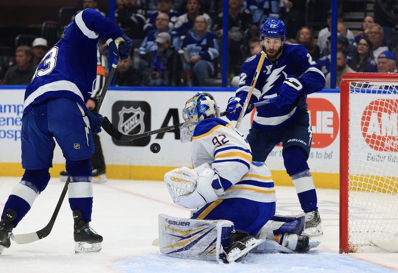 Feb 3, 2026; Tampa, Florida, USA; Buffalo Sabres goaltender Colten Ellis (92) defends the puck against the Tampa Bay Lightning during the first period at Benchmark International Arena. Mandatory Credit: Kim Klement Neitzel-Imagn Images