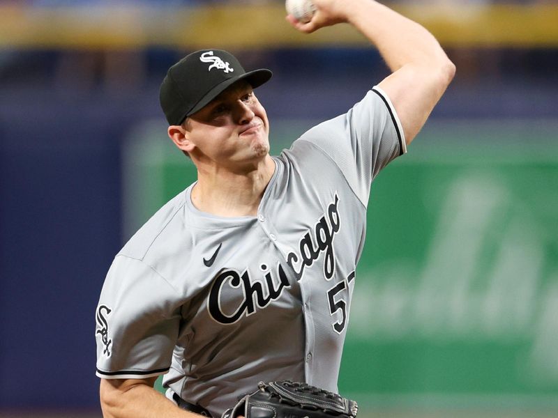 May 6, 2024; St. Petersburg, Florida, USA;  Chicago White Sox pitcher Tanner Banks (57) throws a pitch against the Tampa Bay Rays in the seventh inning at Tropicana Field. Mandatory Credit: Nathan Ray Seebeck-USA TODAY Sports