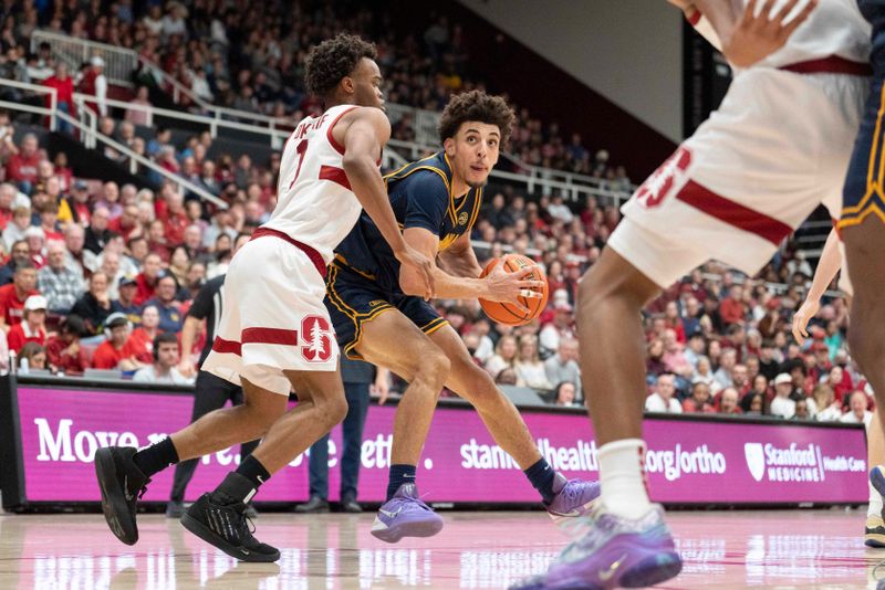 Jan 24, 2026; Stanford, California, USA;  California Golden Bears guard Justin Pippen (10) looks to shoot the ball during the second half against Stanford Cardinal guard Ebuka Okorie (1) at Maples Pavilion. Mandatory Credit: Stan Szeto-Imagn Images