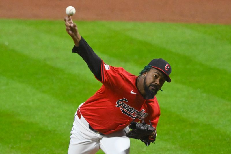 Apr 23, 2024; Cleveland, Ohio, USA; Cleveland Guardians relief pitcher Emmanuel Clase (48) delivers a pitch in the ninth inning against the Boston Red Sox at Progressive Field. Mandatory Credit: David Richard-USA TODAY Sports