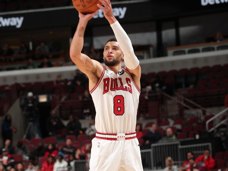 CHICAGO, IL - DECEMBER 8: Zach LaVine #8 of the Chicago Bulls shoots the ball during the game against the Philadelphia 76ers on December 8, 2024 at United Center in Chicago, Illinois. NOTE TO USER: User expressly acknowledges and agrees that, by downloading and or using this photograph, User is consenting to the terms and conditions of the Getty Images License Agreement. Mandatory Copyright Notice: Copyright 2024 NBAE (Photo by Gary Dineen/NBAE via Getty Images)