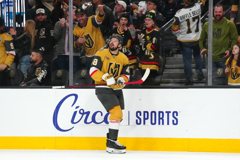 Jan 30, 2025; Las Vegas, Nevada, USA; Vegas Golden Knights center Tomas Hertl (48) watches a replay after scoring a goal against the Columbus Blue Jackets during the first period at T-Mobile Arena. Mandatory Credit: Stephen R. Sylvanie-Imagn Images