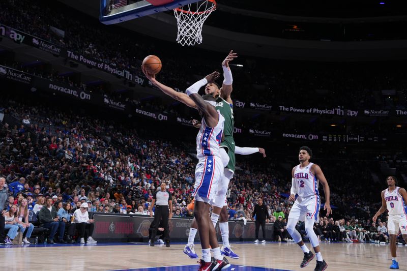 PHILADELPHIA, PA - FEBRUARY 25: Giannis Antetokounmpo #34 of the Milwaukee Bucks drives to the basket during the game against the Philadelphia 76ers on February 25, 2024 at the Wells Fargo Center in Philadelphia, Pennsylvania NOTE TO USER: User expressly acknowledges and agrees that, by downloading and/or using this Photograph, user is consenting to the terms and conditions of the Getty Images License Agreement. Mandatory Copyright Notice: Copyright 2024 NBAE (Photo by Jesse D. Garrabrant/NBAE via Getty Images)