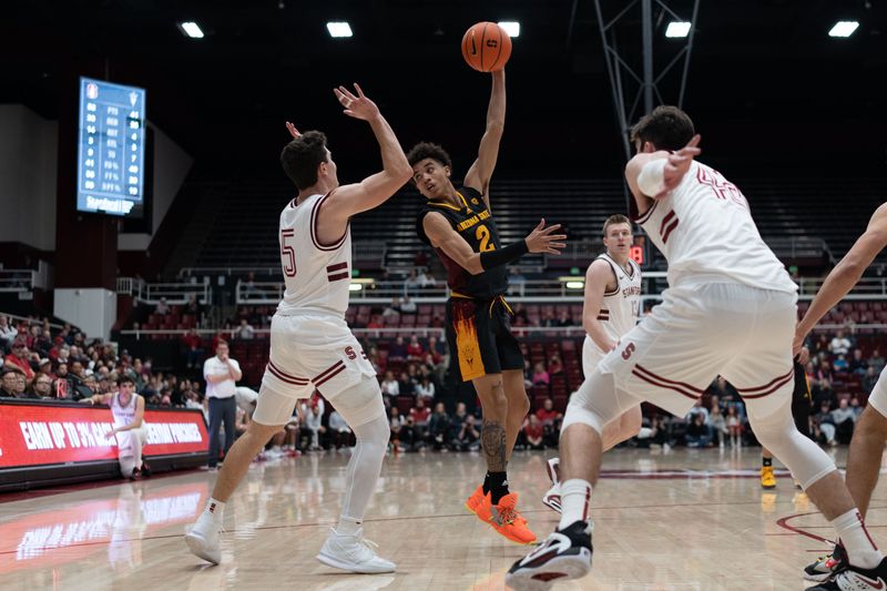 Feb 9, 2023; Stanford, California, USA;  Stanford Cardinal guard Michael O'Connell (5) defends during the second half against Arizona State Sun Devils guard Austin Nunez (2) at Maples Pavilion. Mandatory Credit: Stan Szeto-USA TODAY Sports