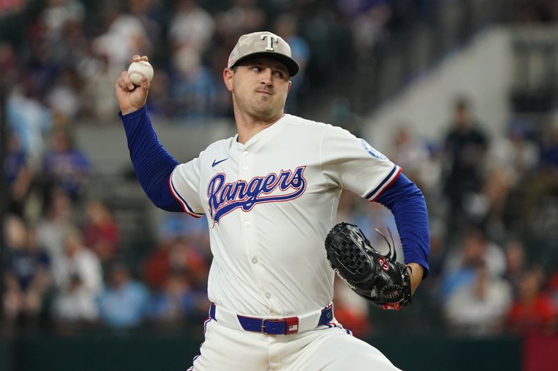 May 17, 2025; Arlington, Texas, USA; Texas Rangers pitcher Tyler Mahle (51) throws to the plate during the first inning against the Houston Astros at Globe Life Field. Mandatory Credit: Raymond Carlin III-Imagn Images