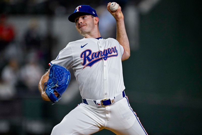 Sep 5, 2024; Arlington, Texas, USA; Texas Rangers starting pitcher Cody Bradford (61) pitches against the Los Angeles Angels during the second inning at Globe Life Field. Mandatory Credit: Jerome Miron-Imagn Images