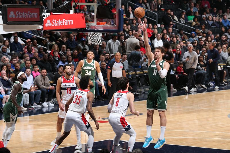 WASHINGTON, DC -? APRIL 2: Brook Lopez #11 of the Milwaukee Bucks shoots the ball during the game against the Washington Wizards on April 2, 2024 at Capital One Arena in Washington, DC. NOTE TO USER: User expressly acknowledges and agrees that, by downloading and or using this Photograph, user is consenting to the terms and conditions of the Getty Images License Agreement. Mandatory Copyright Notice: Copyright 2024 NBAE (Photo by Stephen Gosling/NBAE via Getty Images)