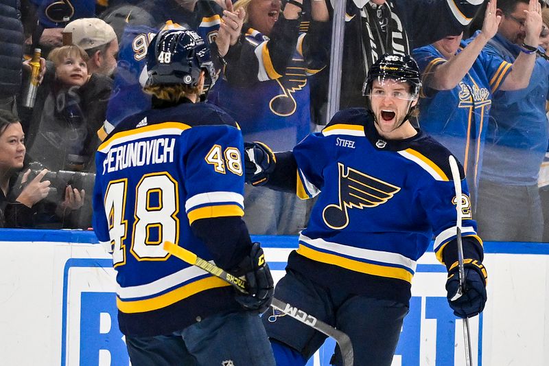 Mar 19, 2024; St. Louis, Missouri, USA;  St. Louis Blues left wing Nathan Walker (26) celebrates with defenseman Scott Perunovich (48) after scoring against the Colorado Avalanche during the first period at Enterprise Center. Mandatory Credit: Jeff Curry-USA TODAY Sports