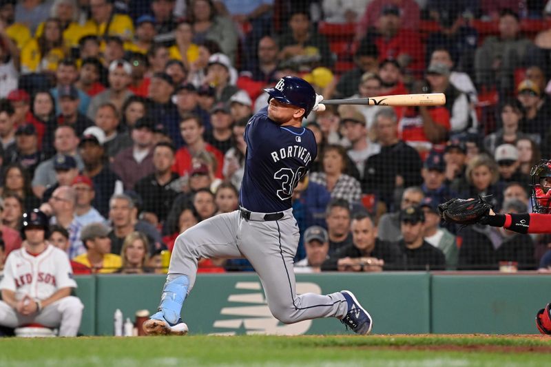 May 15, 2024; Boston, Massachusetts, USA; Tampa Bay Rays catcher Ben Rortvedt (30) bats against the Boston Red Sox during the fourth inning at Fenway Park. Mandatory Credit: Eric Canha-USA TODAY Sports