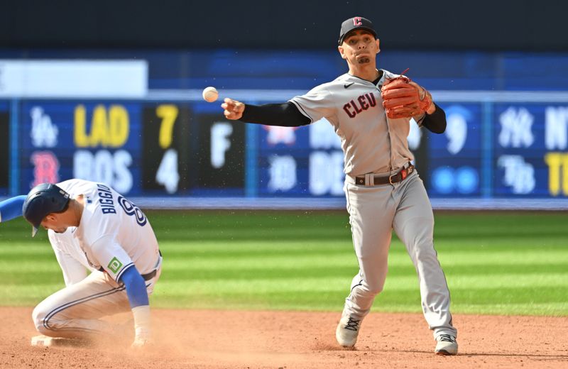 Aug 27, 2023; Toronto, Ontario, CAN; Cleveland Guardians second baseman Andres Gimenez (0) throws to first base to complete a double play after forcing out Toronto Blue Jays third baseman Cavan Biggio (8) in the 9th inning at Rogers Centre. Mandatory Credit: Dan Hamilton-USA TODAY Sports