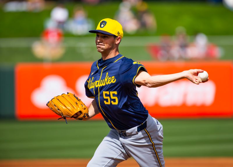 Feb 27, 2024; Tempe, Arizona, USA; Milwaukee Brewers pitcher Hoby Milner against the Los Angeles Angels during a spring training game at Tempe Diablo Stadium. Mandatory Credit: Mark J. Rebilas-USA TODAY Sports