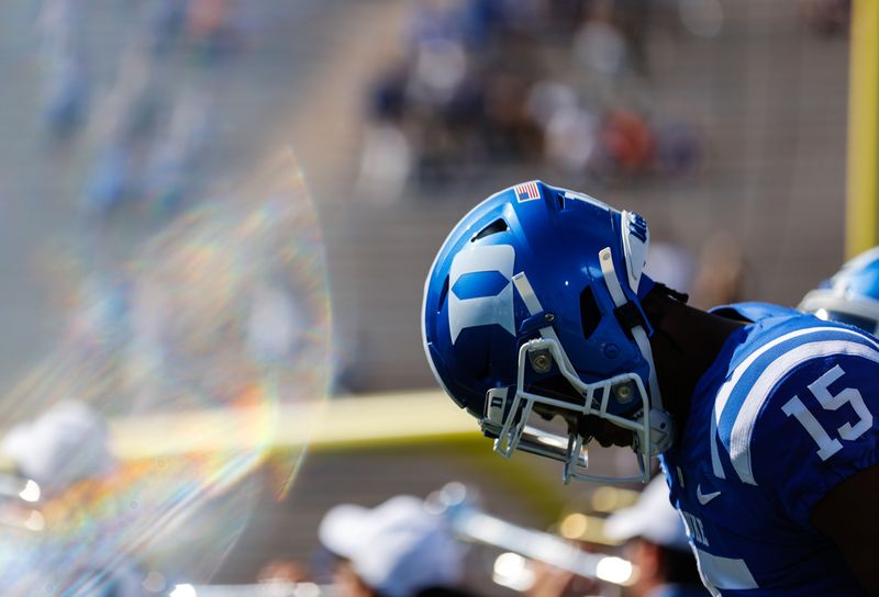 Sep 16, 2023; Durham, North Carolina, USA; Duke Blue Devils tight end Jake Taylor (15) looks down just before the start of the game against Northwestern Wildcats at Wallace Wade Stadium. Mandatory Credit: Jaylynn Nash-USA TODAY Sports