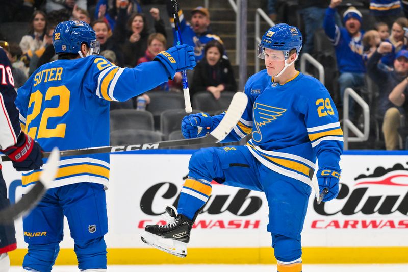 Jan 31, 2026; St. Louis, Missouri, USA; St. Louis Blues right wing Jonatan Berggren (29) celebrates with center Pius Suter (22) after scoring against the Columbus Blue Jackets during the second period at Enterprise Center. Mandatory Credit: Jeff Curry-Imagn Images
