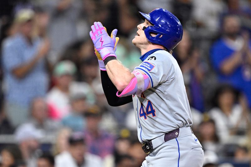 Aug 24, 2024; San Diego, California, USA; New York Mets center fielder Harrison Bader (44) celebrates while rounding the bases after hitting a home run against the San Diego Padres during the eighth inning at Petco Park. Mandatory Credit: Orlando Ramirez-USA TODAY Sports