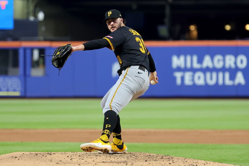 May 12, 2025; New York City, New York, USA; Pittsburgh Pirates starting pitcher Paul Skenes (30) pitches against the New York Mets during the third inning at Citi Field. Mandatory Credit: Brad Penner-Imagn Images