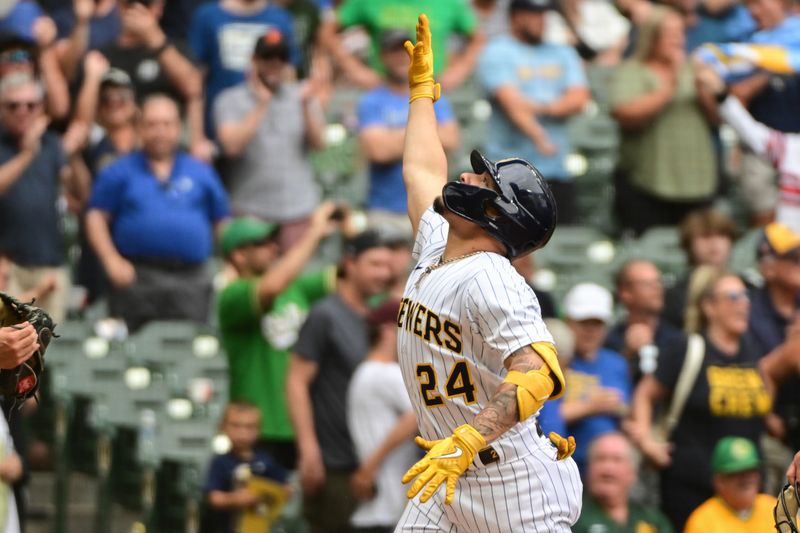 Jun 10, 2023; Milwaukee, Wisconsin, USA; Milwaukee Brewers catcher William Contreras (24) reacts after hitting a solo home run against the Oakland Athletics in the eighth inning at American Family Field. Mandatory Credit: Benny Sieu-USA TODAY Sports