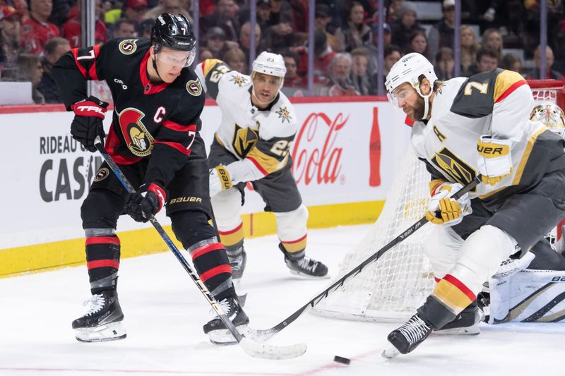 Feb 24, 2024; Ottawa, Ontario, CAN; Ottawa Senators left wing Brady Tkachuk (7) moves the puck past Vegas Golden Knights defenseman Alex Pietrangelo (7) in the first period at the Canadian Tire Centre. Mandatory Credit: Marc DesRosiers-USA TODAY Sports