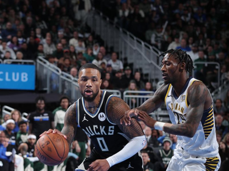 MILWAUKEE, WI - NOVEMBER 22:  Damian Lillard #0 of the Milwaukee Bucks dribbles the ball during the game against the Indiana Pacers during a Emirates NBA Cup on November 22, 2024 at Fiserv Forum Center in Milwaukee, Wisconsin. NOTE TO USER: User expressly acknowledges and agrees that, by downloading and or using this Photograph, user is consenting to the terms and conditions of the Getty Images License Agreement. Mandatory Copyright Notice: Copyright 2024 NBAE (Photo by Gary Dineen/NBAE via Getty Images).