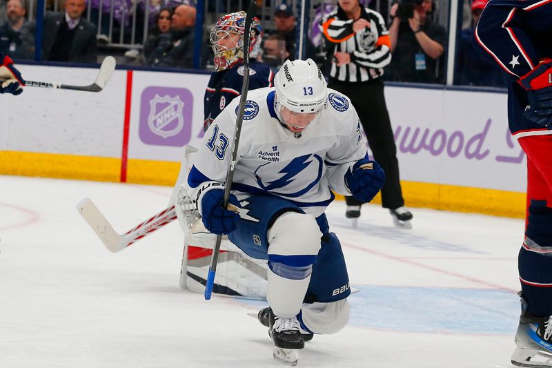 Nov 21, 2024; Columbus, Ohio, USA; Tampa Bay Lightning right wing Cam Atkinson (13) celebrates his goal against the Columbus Blue Jackets during the first period at Nationwide Arena. Mandatory Credit: Russell LaBounty-Imagn Images