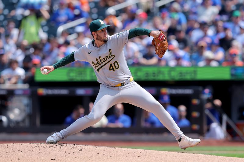 Aug 15, 2024; New York City, New York, USA; Oakland Athletics starting pitcher Mitch Spence (40) pitches against the New York Mets during the first inning at Citi Field. Mandatory Credit: Brad Penner-USA TODAY Sports