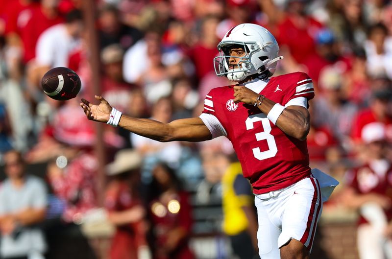 Oct 4, 2025; Norman, Oklahoma, USA;  Oklahoma Sooners quarterback Michael Hawkins Jr. (3) throws the ball during the second quarter against the Kent State Golden Flashes at Gaylord Family-Oklahoma Memorial Stadium. Mandatory Credit: Kevin Jairaj-Imagn Images