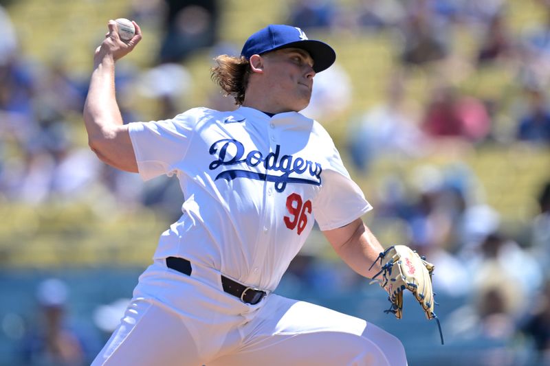 Apr 17, 2024; Los Angeles, California, USA;  Los Angeles Dodgers pitcher Landon Knack (96) throws to the plate in the first inning against the Washington Nationals at Dodger Stadium. Mandatory Credit: Jayne Kamin-Oncea-USA TODAY Sports