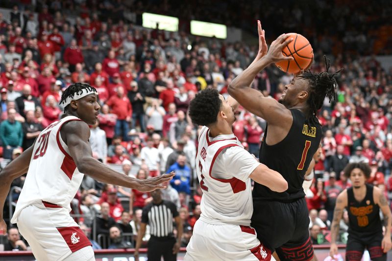 Feb 29, 2024; Pullman, Washington, USA; USC Trojans guard Isaiah Collier (1) shoots the ball against Washington State Cougars guard Myles Rice (2) in the second half at Friel Court at Beasley Coliseum. Washington State Cougars won 75-72. Mandatory Credit: James Snook-USA TODAY Sports