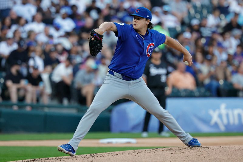 Aug 10, 2024; Chicago, Illinois, USA; Chicago Cubs starting pitcher Justin Steele (35) delivers a pitch against the Chicago White Sox during the first inning at Guaranteed Rate Field. Mandatory Credit: Kamil Krzaczynski-USA TODAY Sports