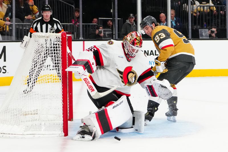 Nov 26, 2025; Las Vegas, Nevada, USA; Ottawa Senators goaltender Linus Ullmark (35) makes a save against Vegas Golden Knights right wing Mitch Marner (93) during a shoot out to give the Senators a 4-3 victory at T-Mobile Arena. Mandatory Credit: Stephen R. Sylvanie-Imagn Images