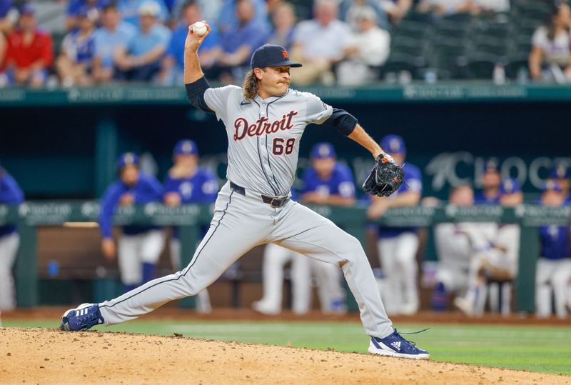 Jun 4, 2024; Arlington, Texas, USA; Detroit Tigers pitcher Jason Foley (68) closes out the game against the Texas Rangers at Globe Life Field. Mandatory Credit: Andrew Dieb-USA TODAY Sports