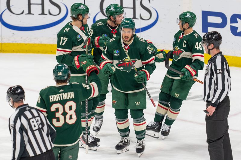 Apr 8, 2023; Saint Paul, Minnesota, USA; Minnesota Wild center Frederick Gaudreau (89) celebrates after scoring on the St. Louis Blues in the second period at Xcel Energy Center. Mandatory Credit: Matt Blewett-USA TODAY Sports