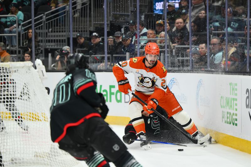 Jan 23, 2026; Seattle, Washington, USA; Anaheim Ducks left wing Chris Kreider (20) plays the puck during the first period against the Seattle Kraken at Climate Pledge Arena. Mandatory Credit: Steven Bisig-Imagn Images
