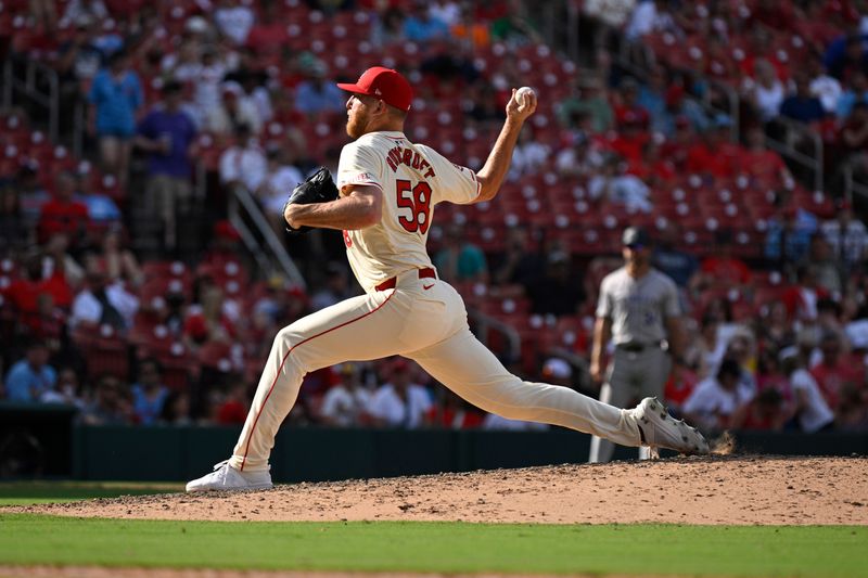 Jun 8, 2024; St. Louis, Missouri, USA; St. Louis Cardinals pitcher Chris Roycroft (58) throws against the Colorado Rockies during the eighth inning at Busch Stadium. Mandatory Credit: Jeff Le-USA TODAY Sports