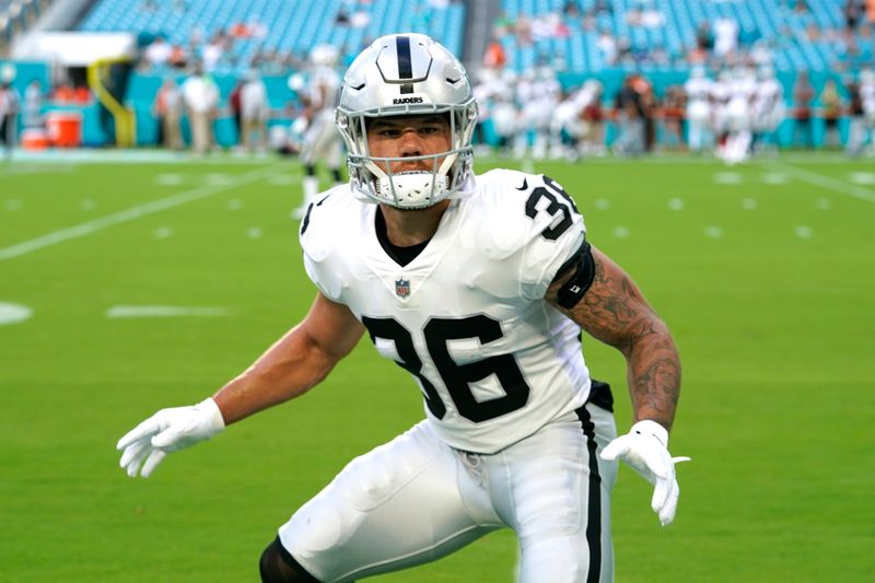 Las Vegas Raiders linebacker Curtis Bolton (36) warms up before NFL preseason football game against the Miami Dolphins, Saturday, August 20, 2022, in Miami Gardens, Fla. (AP Photo/Lynne Sladky)