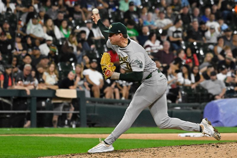 Sep 13, 2024; Chicago, Illinois, USA;  Oakland Athletics pitcher Mason Miller (19) delivers during the ninth inning against the Chicago White Sox at Guaranteed Rate Field. Mandatory Credit: Matt Marton-Imagn Images