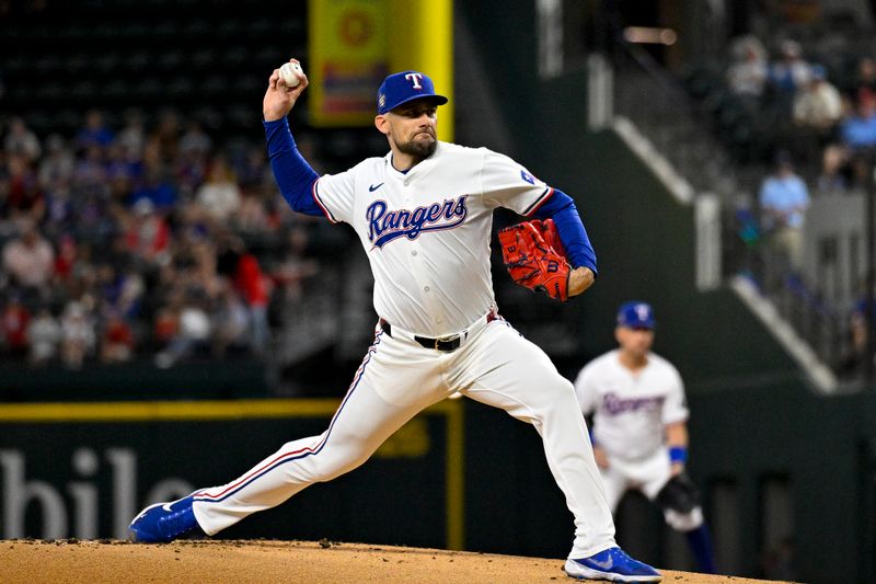 May 2, 2024; Arlington, Texas, USA; Texas Rangers starting pitcher Nathan Eovaldi (17) pitches against the Washington Nationals during the first inning at Globe Life Field. Mandatory Credit: Jerome Miron-USA TODAY Sports