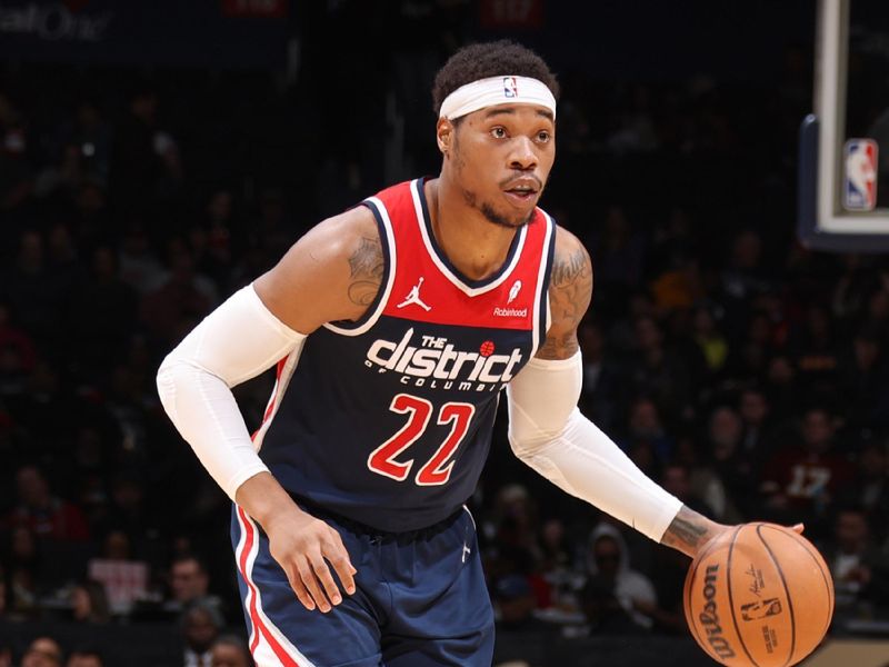 WASHINGTON, DC -? MARCH 23:  Richaun Holmes #22 of the Washington Wizards handles the ball during the game  on March 23, 2024 at Capital One Arena in Washington, DC. NOTE TO USER: User expressly acknowledges and agrees that, by downloading and or using this Photograph, user is consenting to the terms and conditions of the Getty Images License Agreement. Mandatory Copyright Notice: Copyright 2024 NBAE (Photo by Stephen Gosling/NBAE via Getty Images)