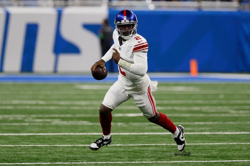 New York Giants quarterback Tyrod Taylor scrambles during the first half of an NFL preseason football game against the Detroit Lions, Friday, Aug. 11, 2023, in Detroit. (AP Photo/Duane Burleson)