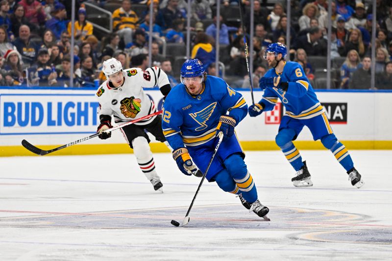 Dec 23, 2023; St. Louis, Missouri, USA;  St. Louis Blues right wing Kasperi Kapanen (42) controls the puck against the Chicago Blackhawks during the second period at Enterprise Center. Mandatory Credit: Jeff Curry-USA TODAY Sports