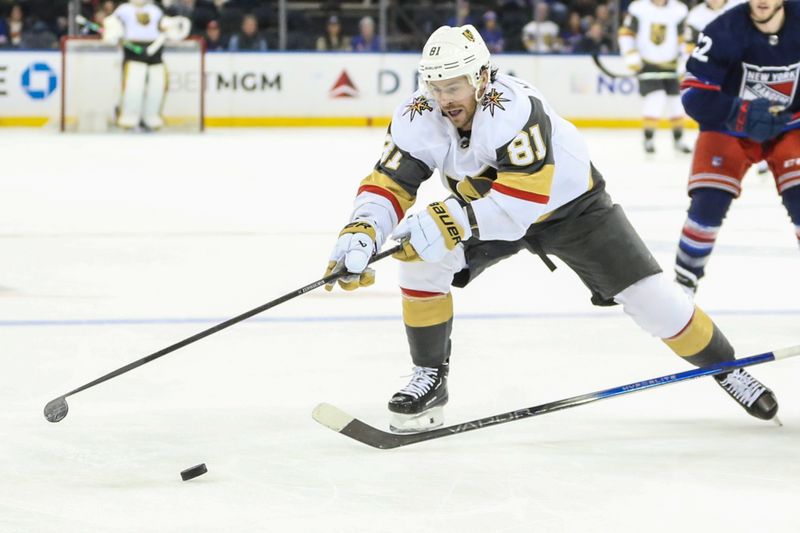 Jan 26, 2024; New York, New York, USA; Vegas Golden Knights right wing Jonathan Marchessault (81) chases the puck in the third period against the New York Rangers at Madison Square Garden. Mandatory Credit: Wendell Cruz-USA TODAY Sports