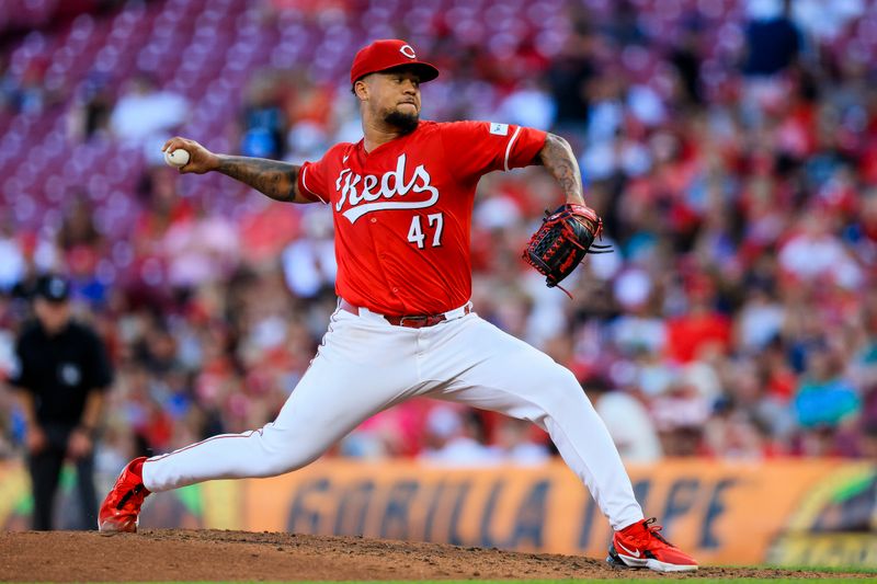 Jul 10, 2024; Cincinnati, Ohio, USA; Cincinnati Reds starting pitcher Frankie Montas (47) pitches against the Colorado Rockies in the fourth inning at Great American Ball Park. Mandatory Credit: Katie Stratman-USA TODAY Sports