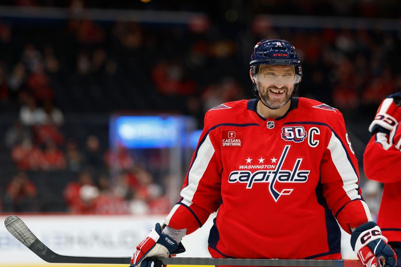 Sep 27, 2024; Washington, District of Columbia, USA; Washington Capitals left wing Alex Ovechkin (8) smiles during a stoppage in play against the Columbus Blue Jackets in the second period at Capital One Arena. Mandatory Credit: Geoff Burke-Imagn Images